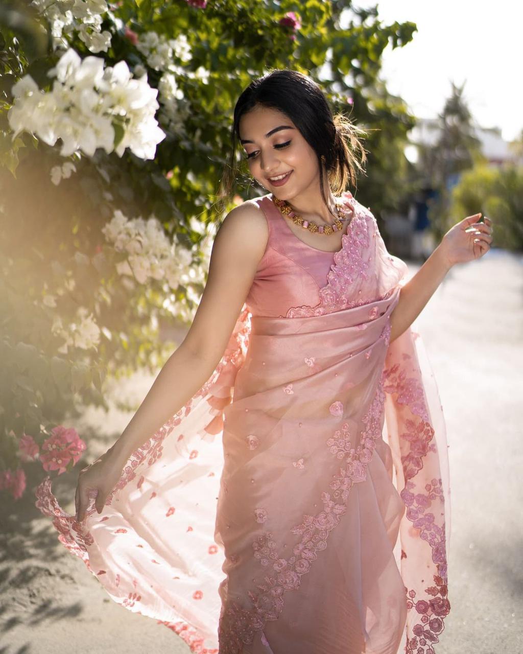 Onion Color Organza Silk Cut Work Designer Saree Blouse