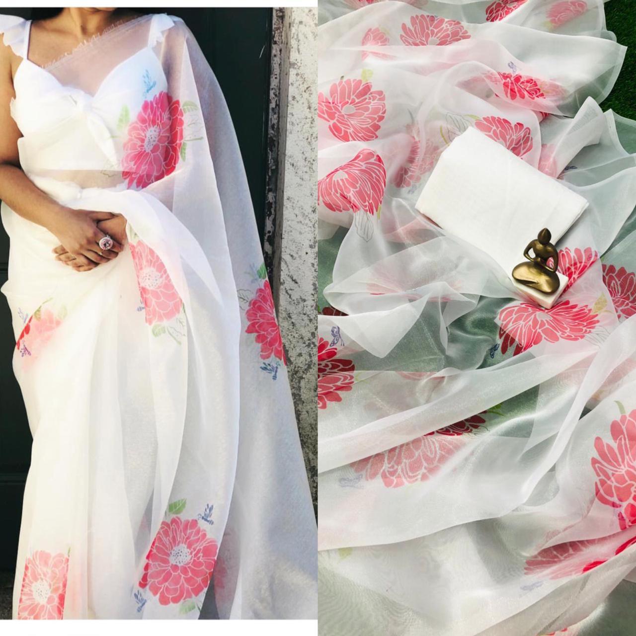 Beautiful Light Color Rich Organza Silk Digital Printed Saree For Women