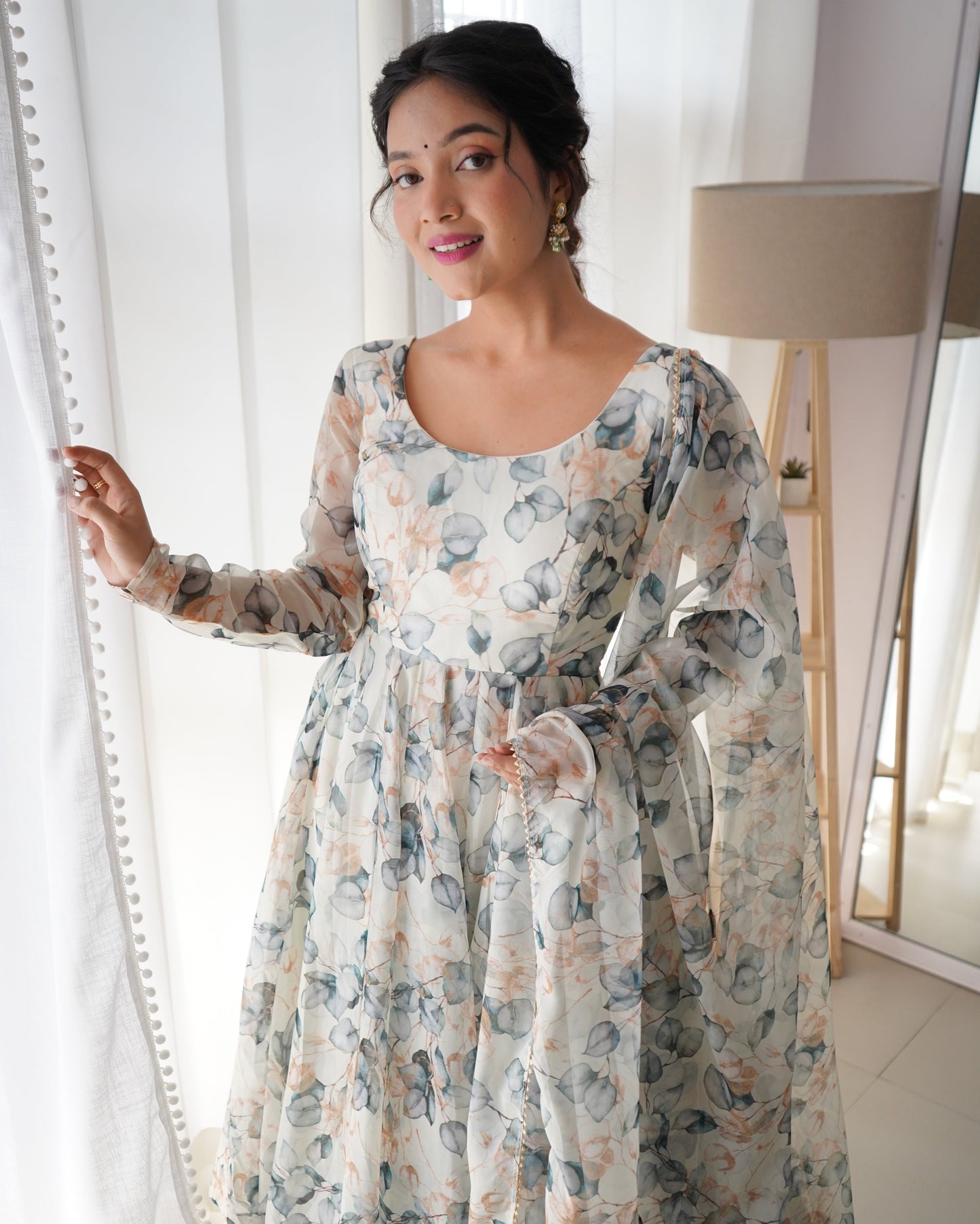 Amazing Readymade Organza Silk Floral Print Anarkali Gown Set