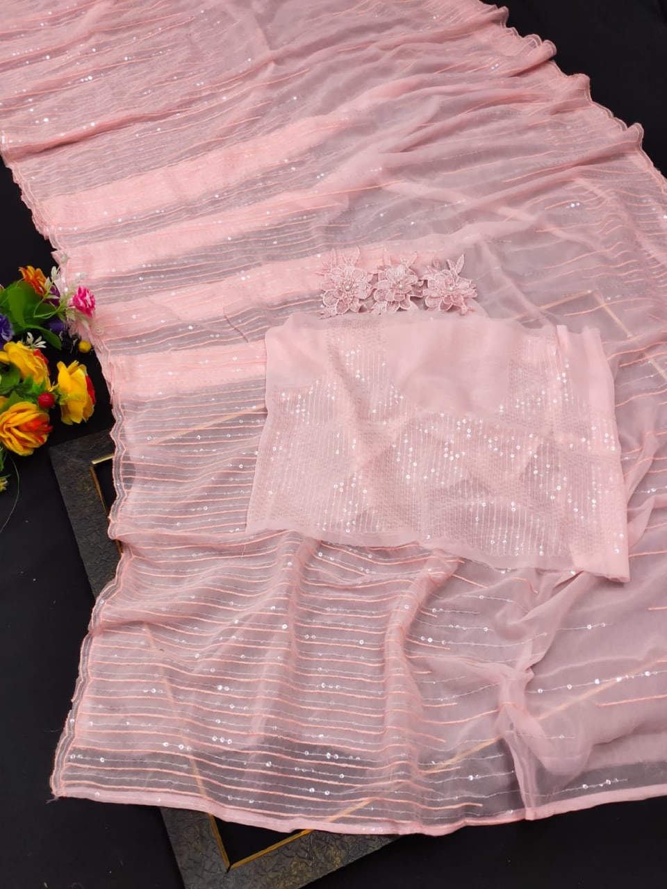 Peach Georgette Sequence Work Bollywood Style Saree