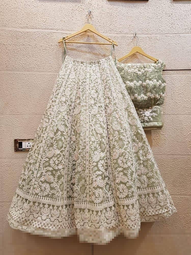 Wedding Wear Pista Color Net Embroidered Lehenga Choli