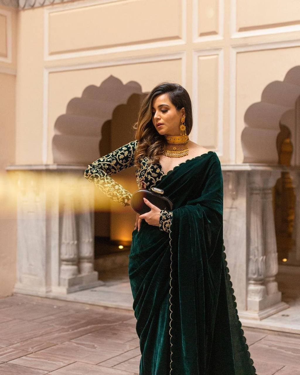 Party Wear Velvet Sequence Coding Work Saree Blouse