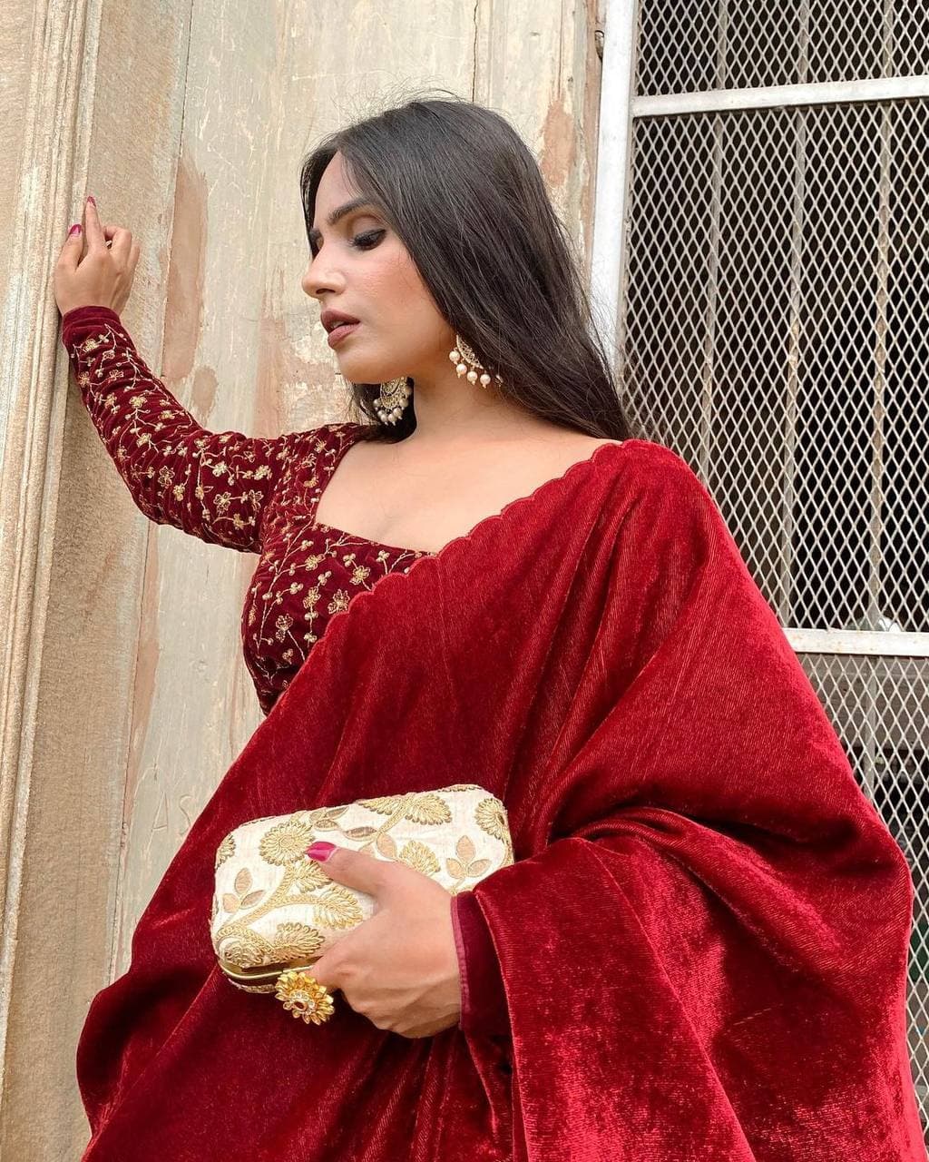 Party Wear Velvet Sequence Coding Work Saree Blouse
