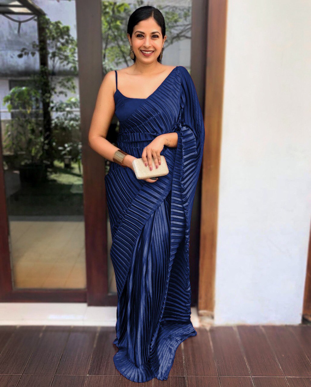 Party Wear Satin Silk Pleated Crush Plain Saree Blouse For Women