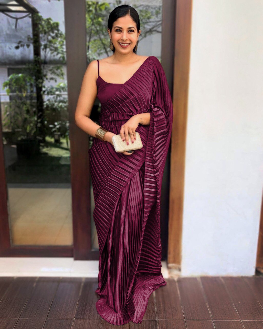 Party Wear Satin Silk Pleated Crush Plain Saree Blouse For Women