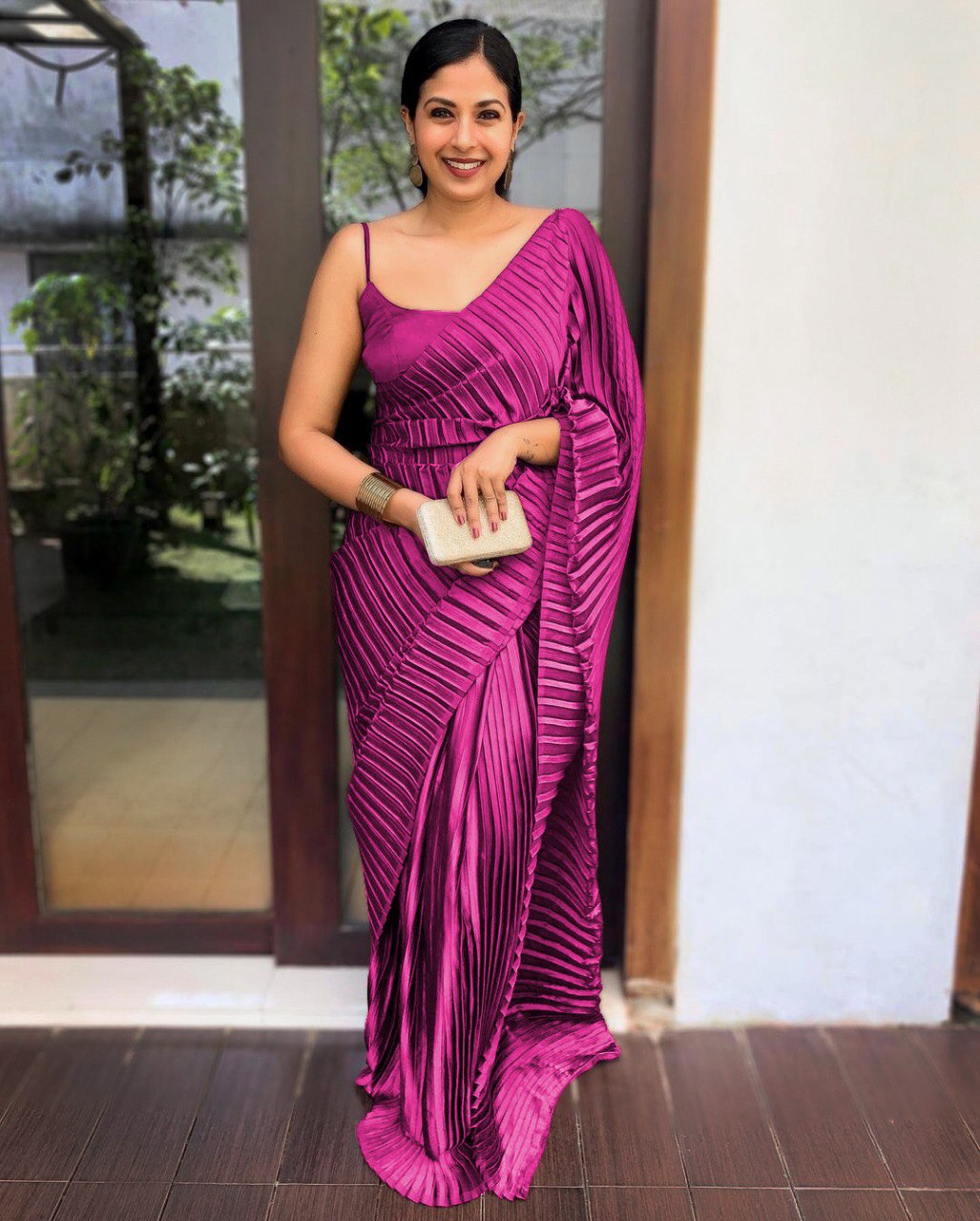 Party Wear Satin Silk Pleated Crush Plain Saree Blouse For Women