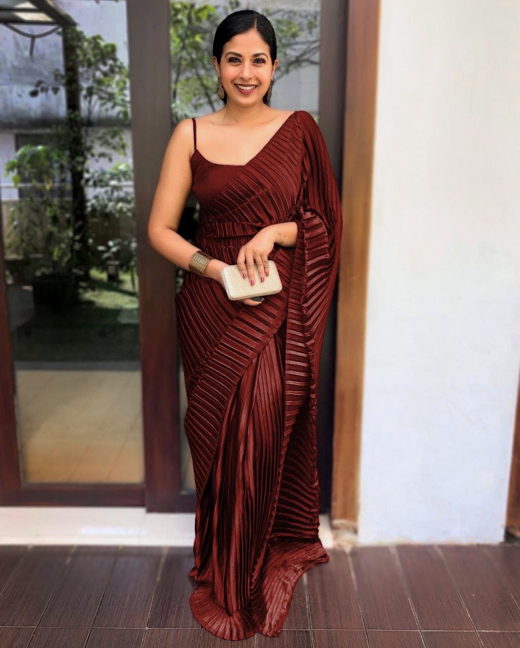 Party Wear Satin Silk Pleated Crush Plain Saree Blouse For Women