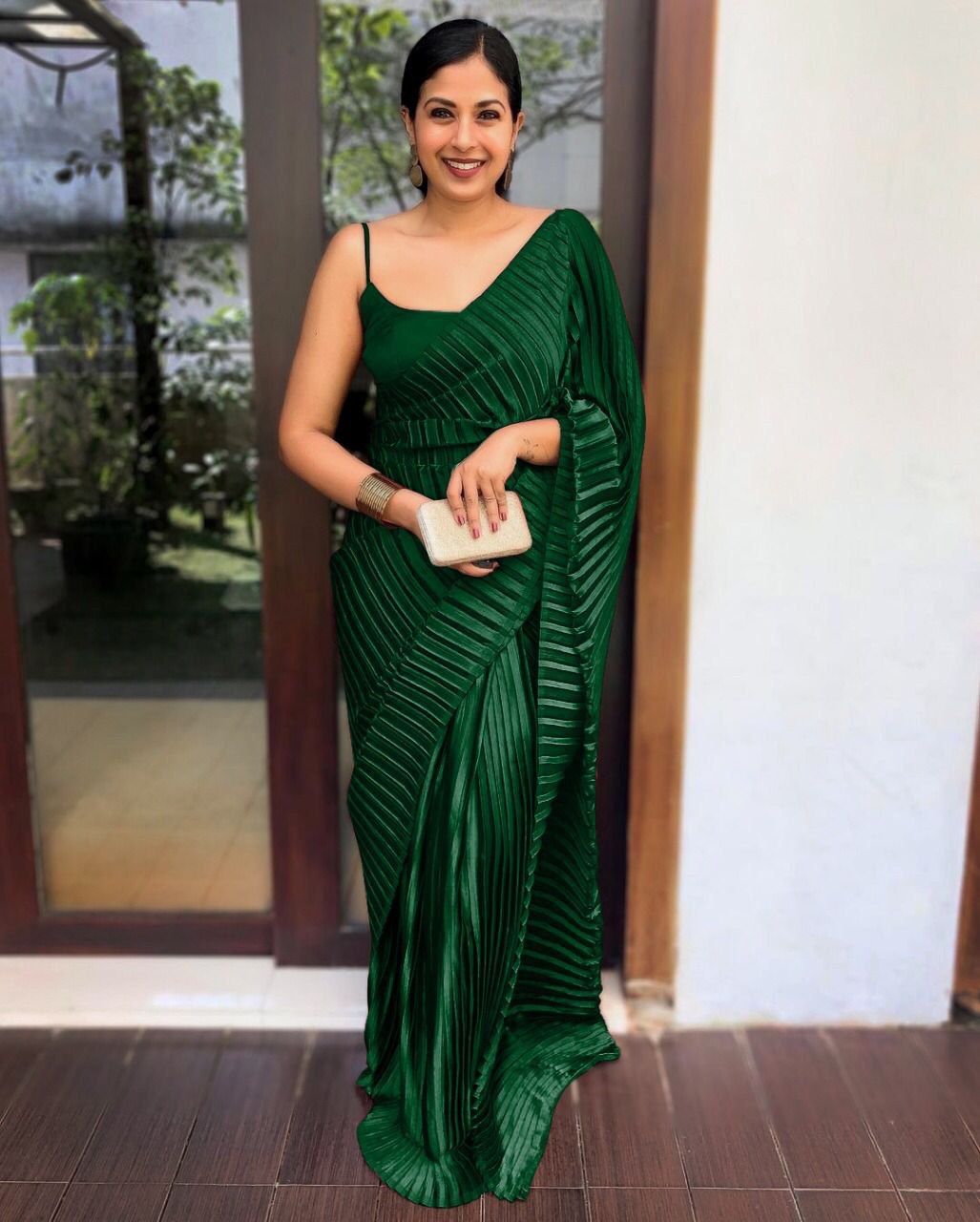 Party Wear Satin Silk Pleated Crush Plain Saree Blouse For Women