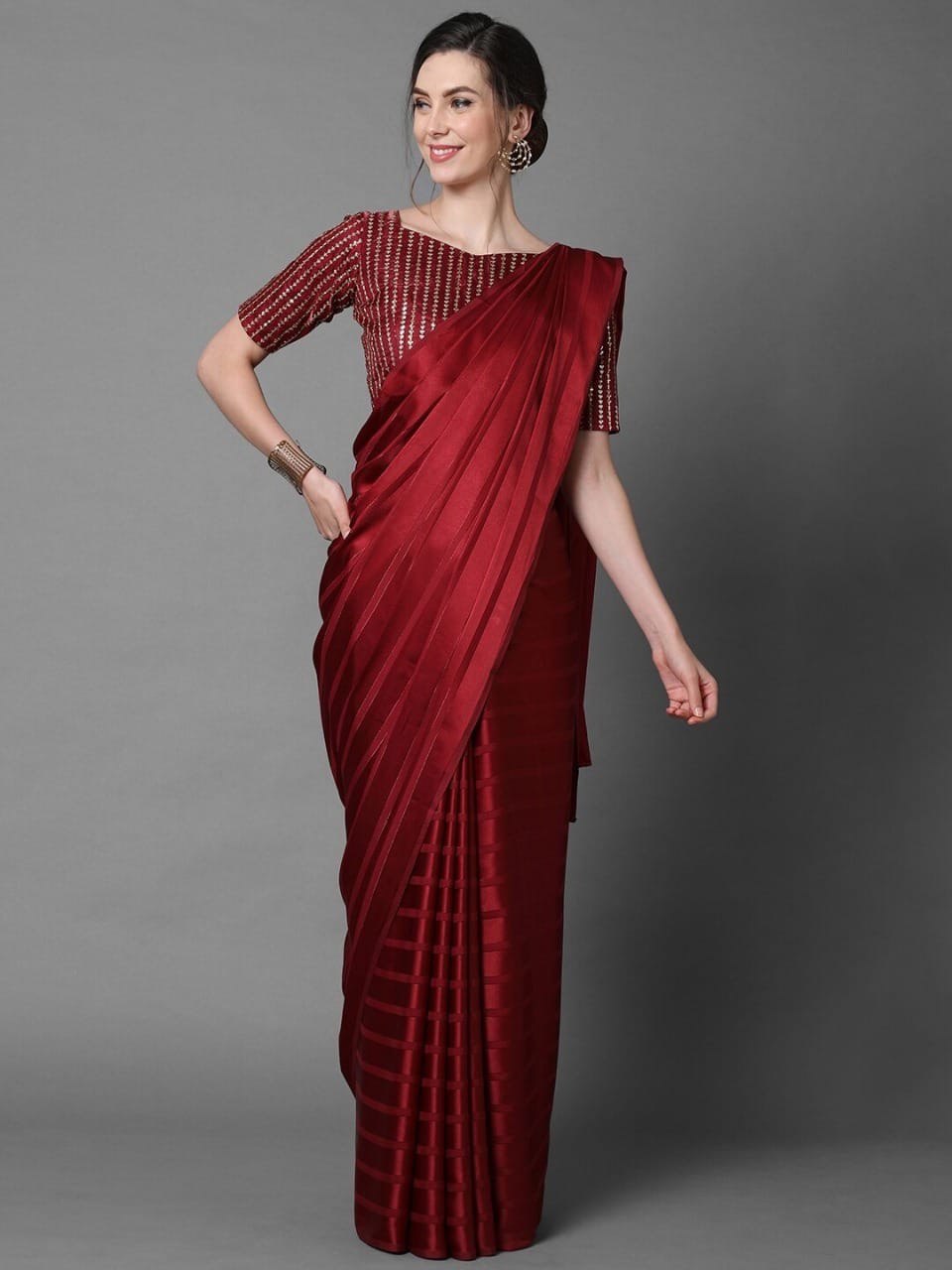 New Poly Georgette Satin Patta Party Wear Saree With Art Silk Sequence Worked Blouse