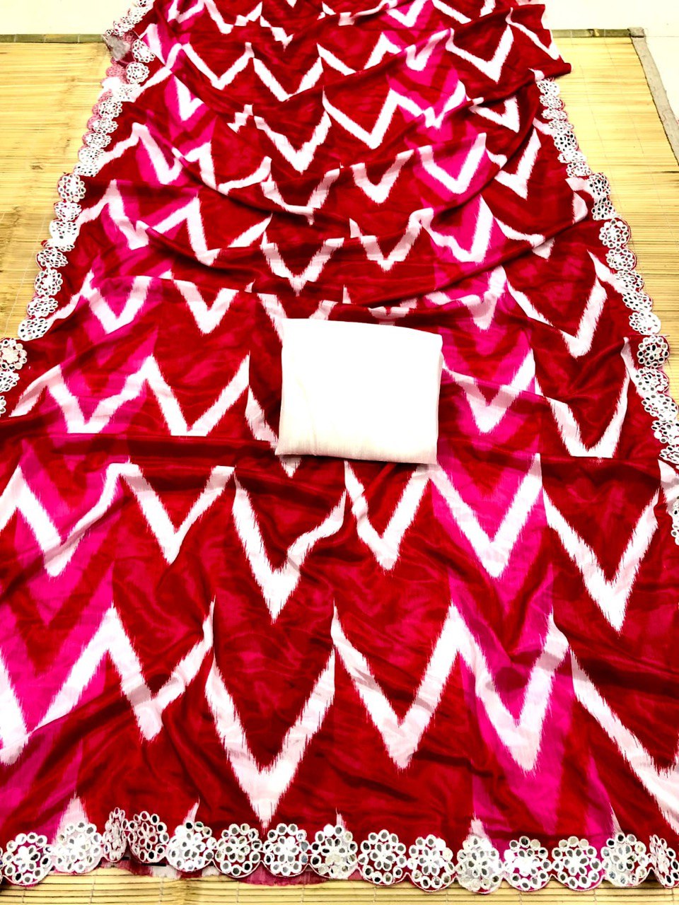 Heavy Chinnon Digital Print And Border Mirror Worked Saree With Bangloru Sequence Blouse