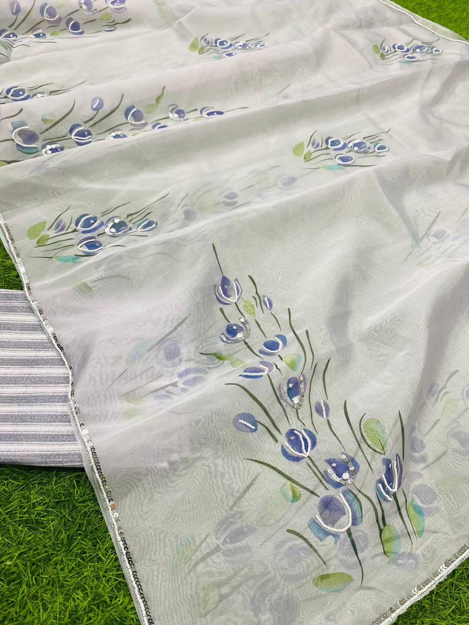 Soft Organza Silk Digital Prited Handworked Grey Colour Saree With Satin Silk Blouse