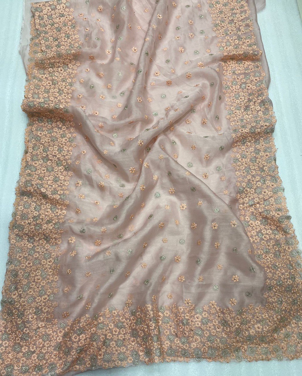 Heavy Organza Silk Embroidary And Moti Worked Saree Fantom Silk Blouse