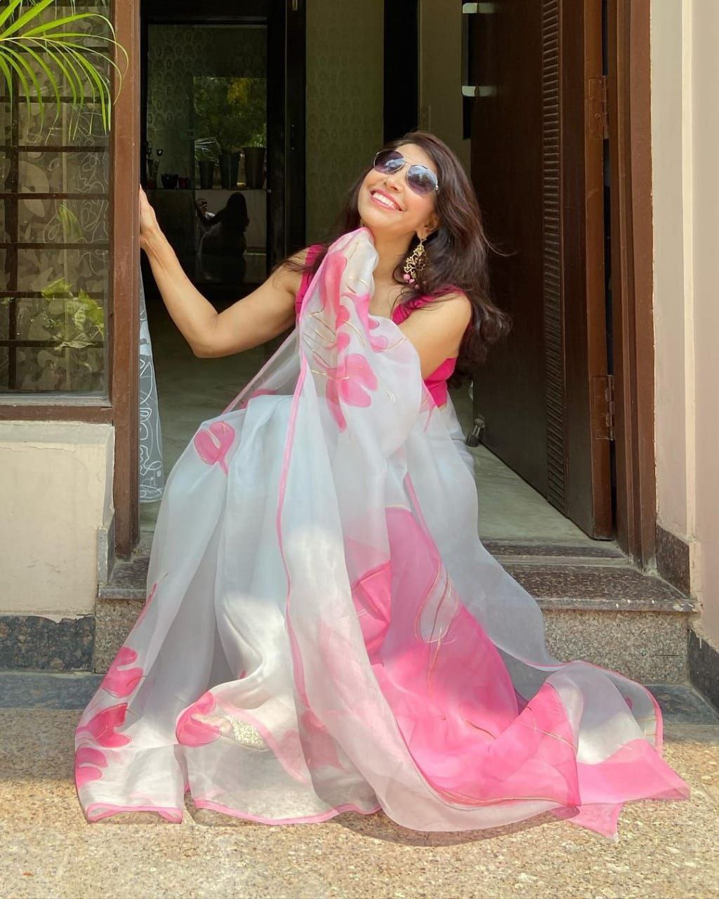 Decorative White Color Organza Silk with Flowery Digital Printed Saree