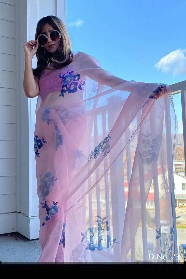 Purple Color Organza Silk Digital Printed Saree For Function Wear