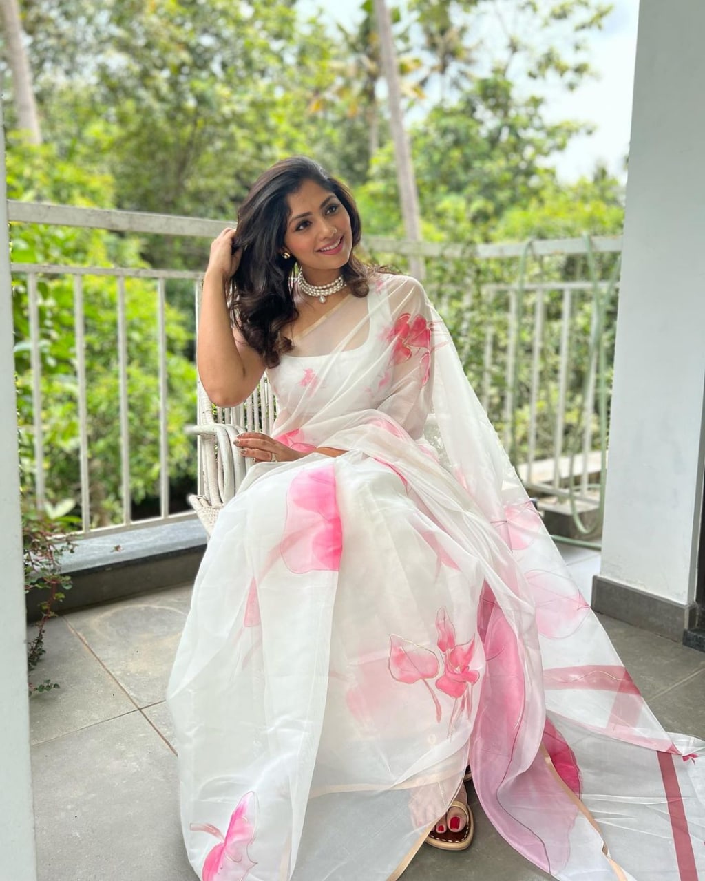 White Organza Silk Digital Print Saree Blouse