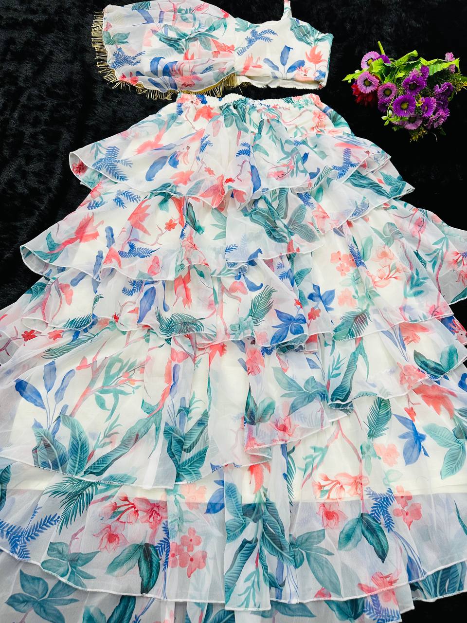 Admiring Multi Color Georgette Printed Flair Style Lehenga Choli For Girls