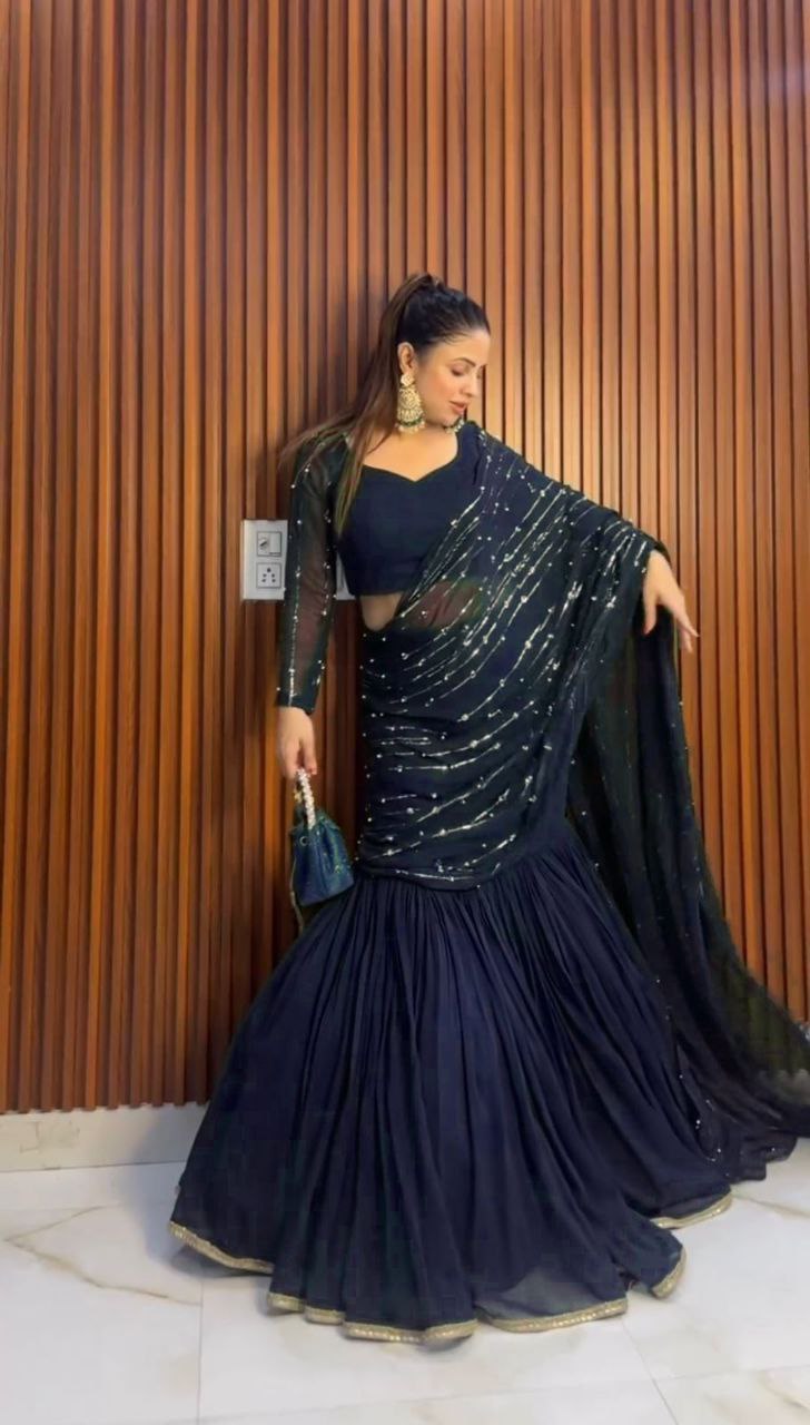 Navy Blue Color Faux Georgette Semi Stitched Lehenga Saree