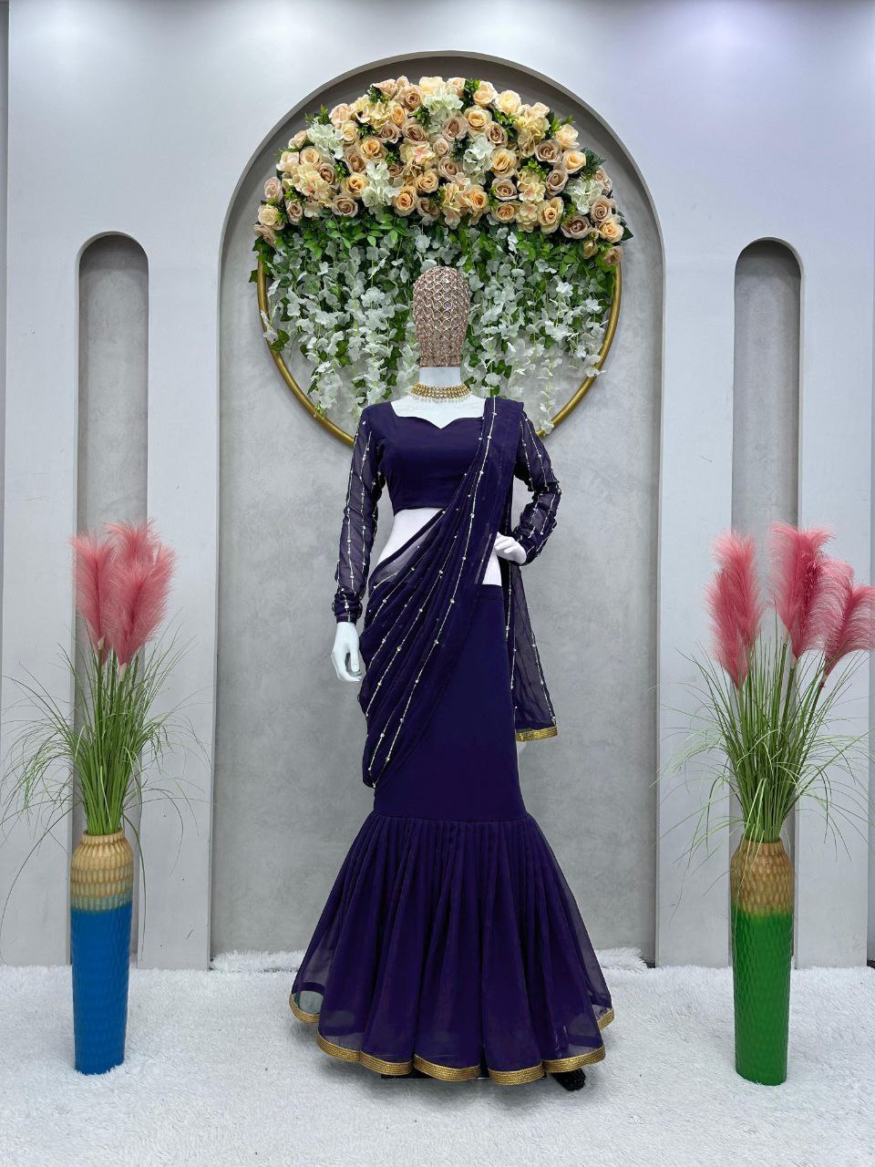 Navy Blue Color Faux Georgette Semi Stitched Lehenga Saree