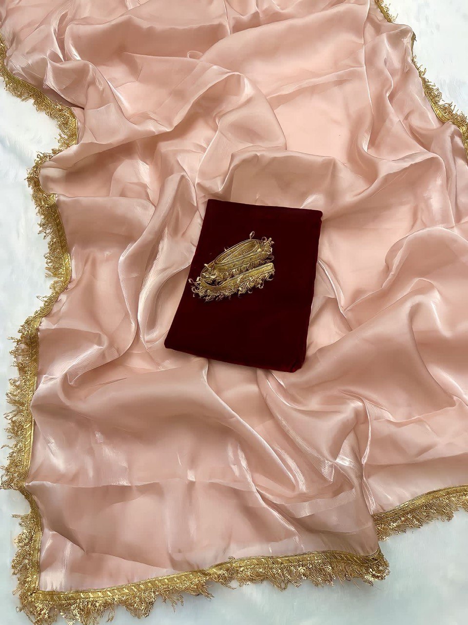 Peach Color Silk Saree With Velvet Blouse