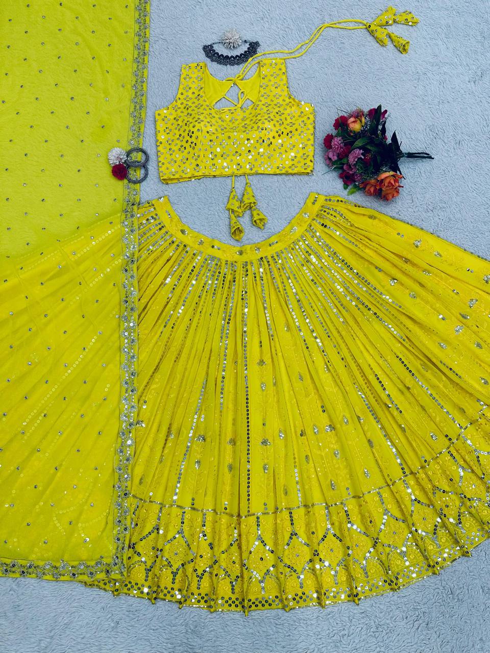 Elegant Yellow Colour Sequence Embroidary Work Lehenga Choli With Can Can And Beautiful Desinger Blouse