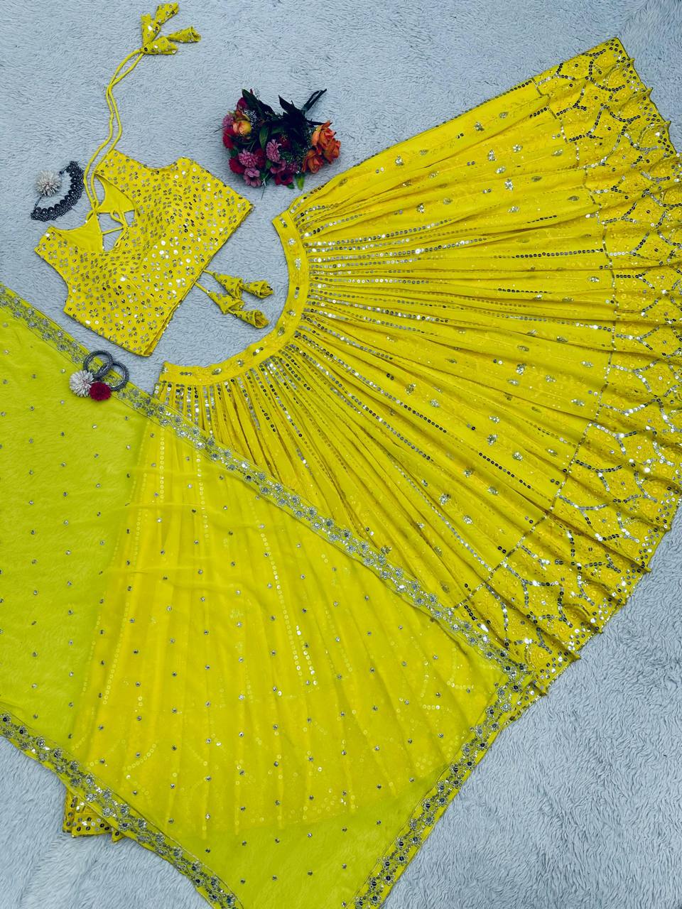 Elegant Yellow Colour Sequence Embroidary Work Lehenga Choli With Can Can And Beautiful Desinger Blouse