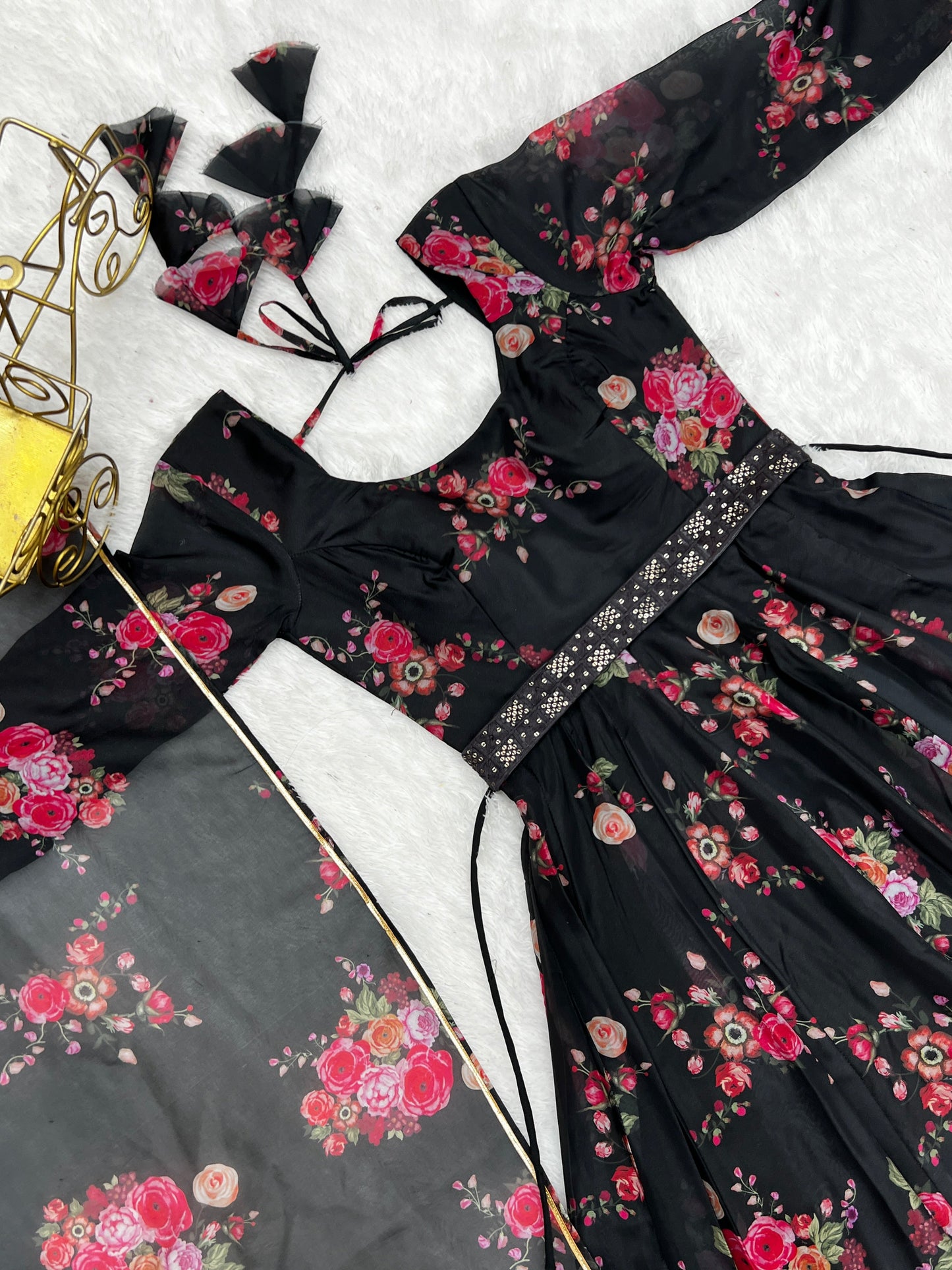Beautiful Black Color Soft Organza Silk Printed Full Stitched Anarkali Gown Set