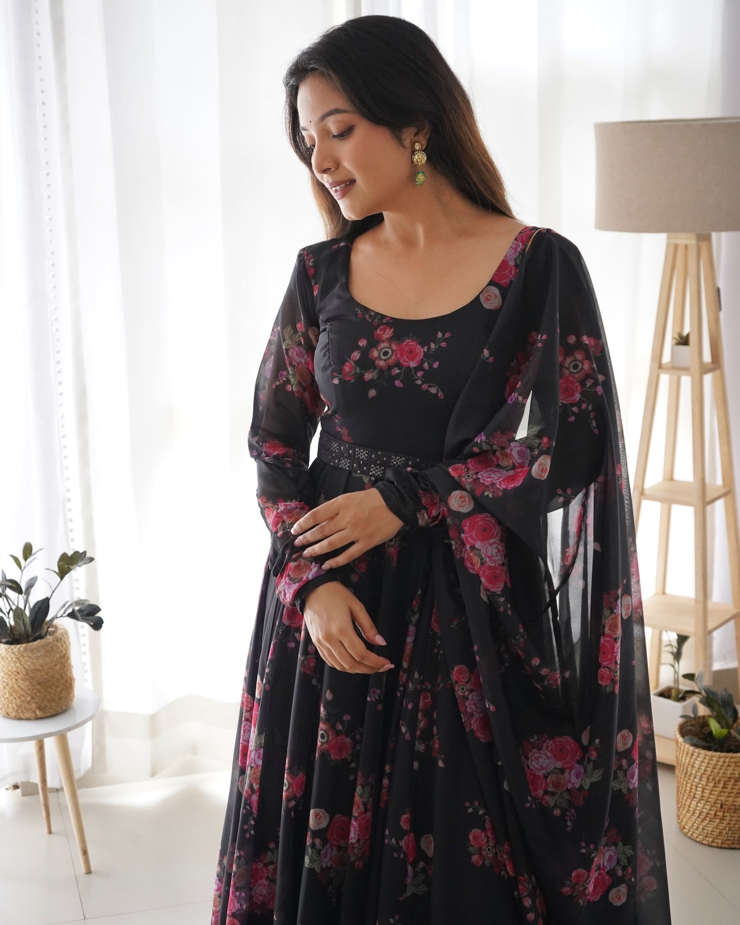 Beautiful Black Color Soft Organza Silk Printed Full Stitched Anarkali Gown Set