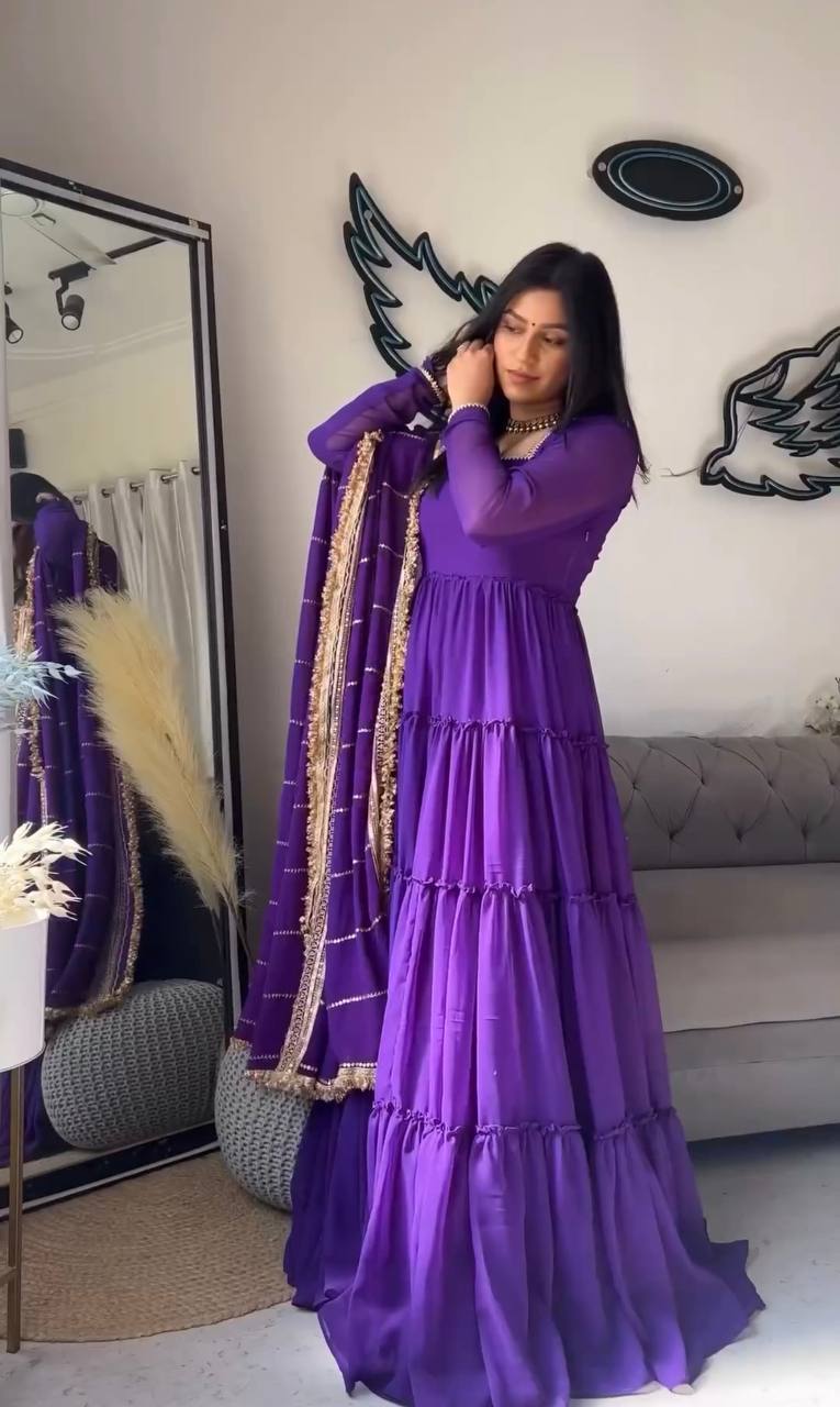 Wedding Wear Georgette Purple Ready to Wear Gown