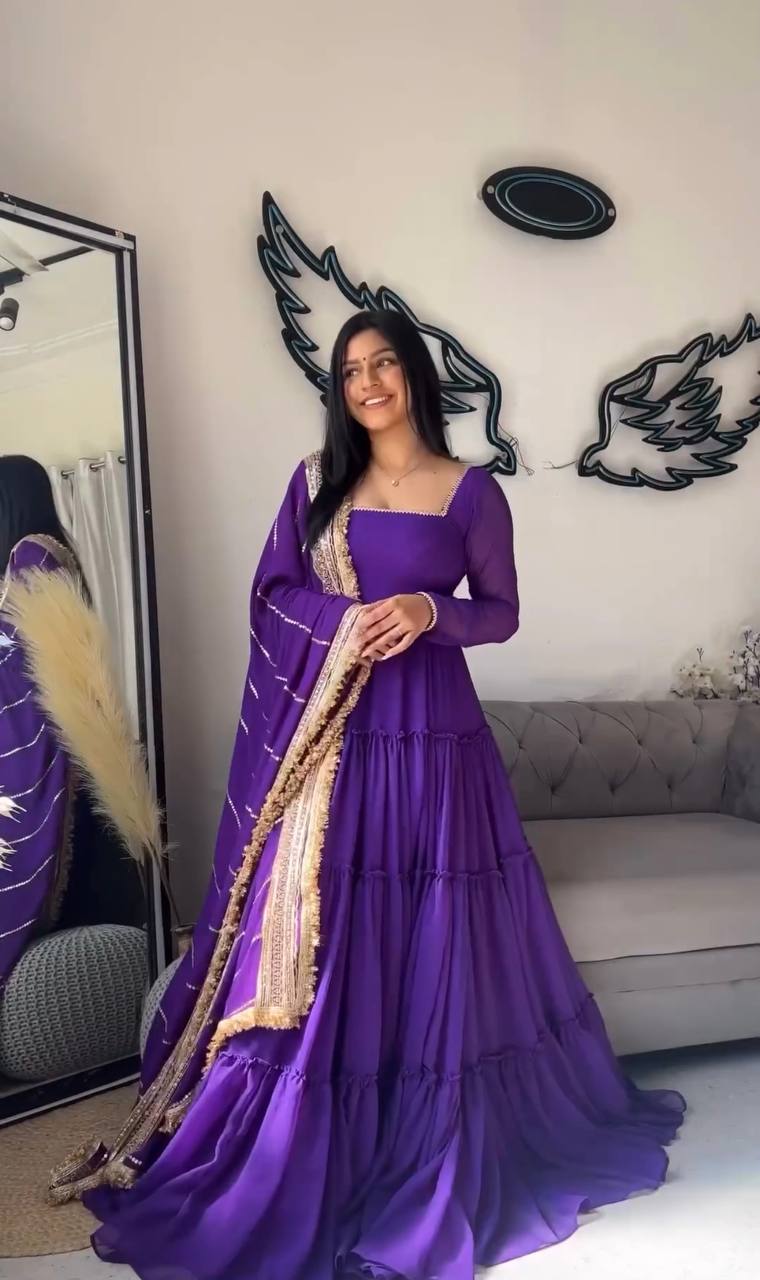 Wedding Wear Georgette Purple Ready to Wear Gown