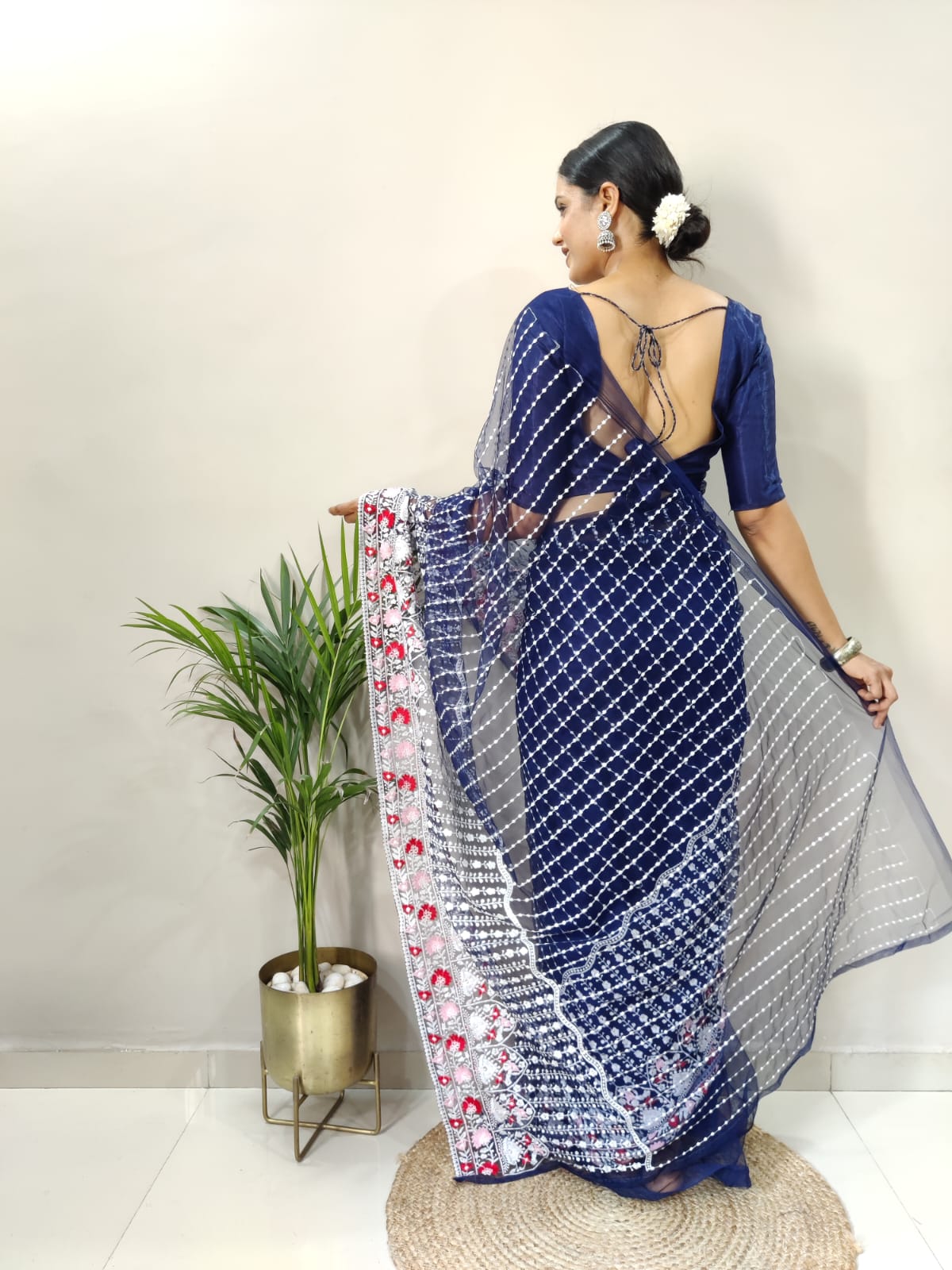 New Ready to Wear Soft Net Embroidered Thread Work Saree