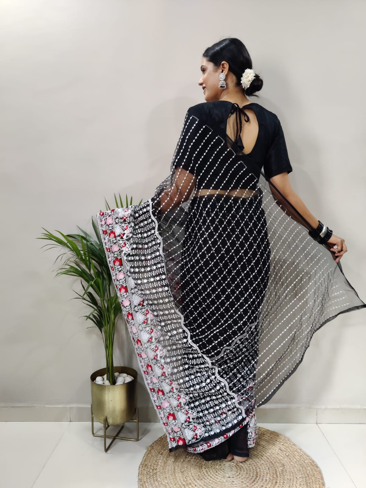 New Ready to Wear Soft Net Embroidered Thread Work Saree