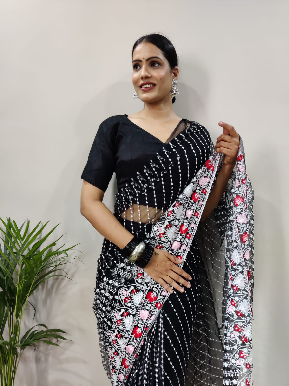 New Ready to Wear Soft Net Embroidered Thread Work Saree