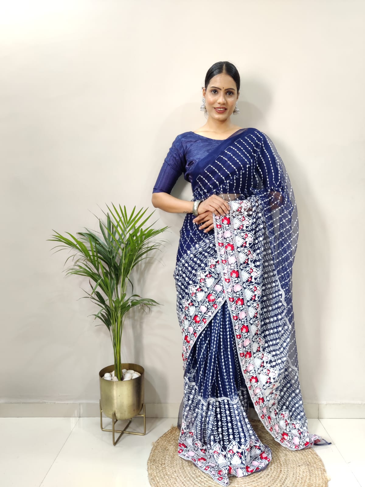 New Ready to Wear Soft Net Embroidered Thread Work Saree