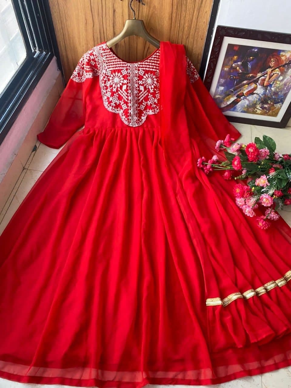 Intricate Red Color Georgette Embroidered Work Party Wear Gown Dupatta