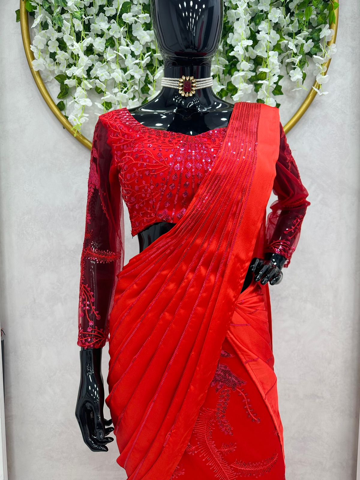 Red Color Satin Silk Embroidered Designer Saree