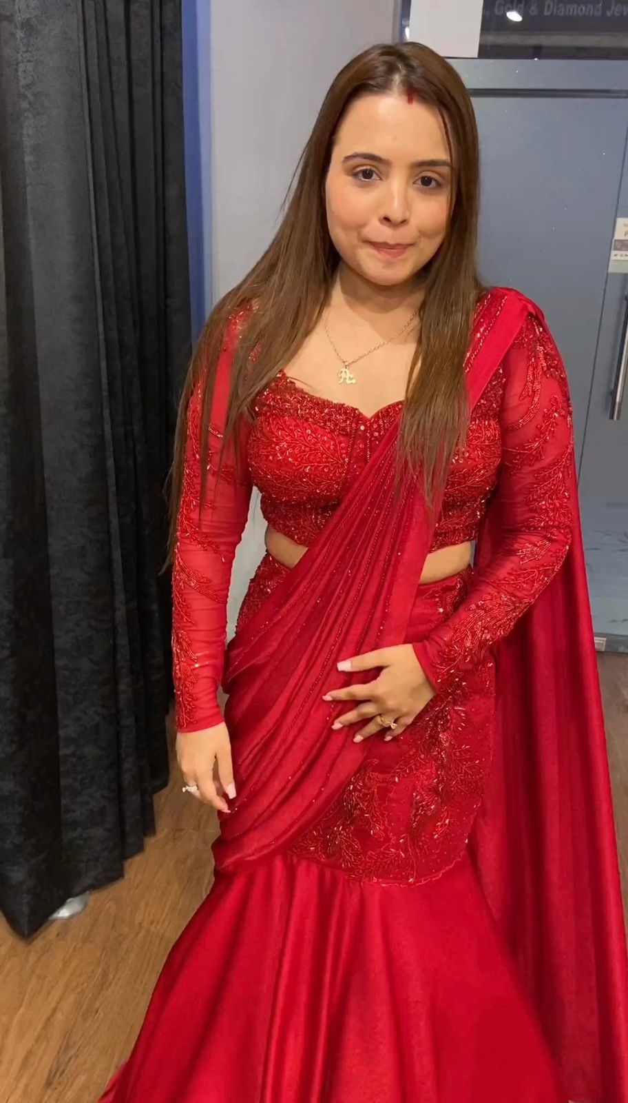 Red Color Satin Silk Embroidered Designer Saree