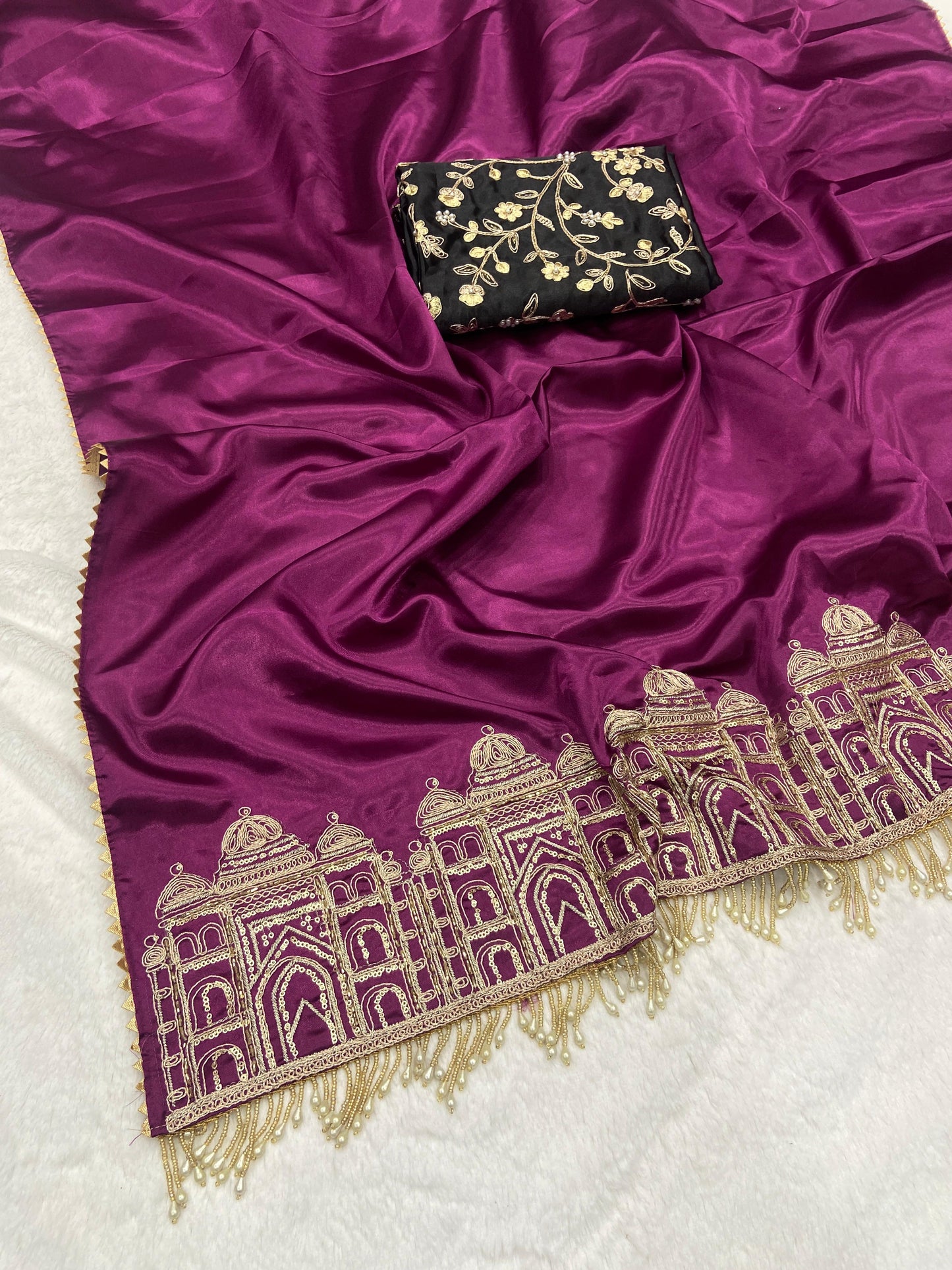 Wine Color Smooth Satin Silk Handwork Designer Saree