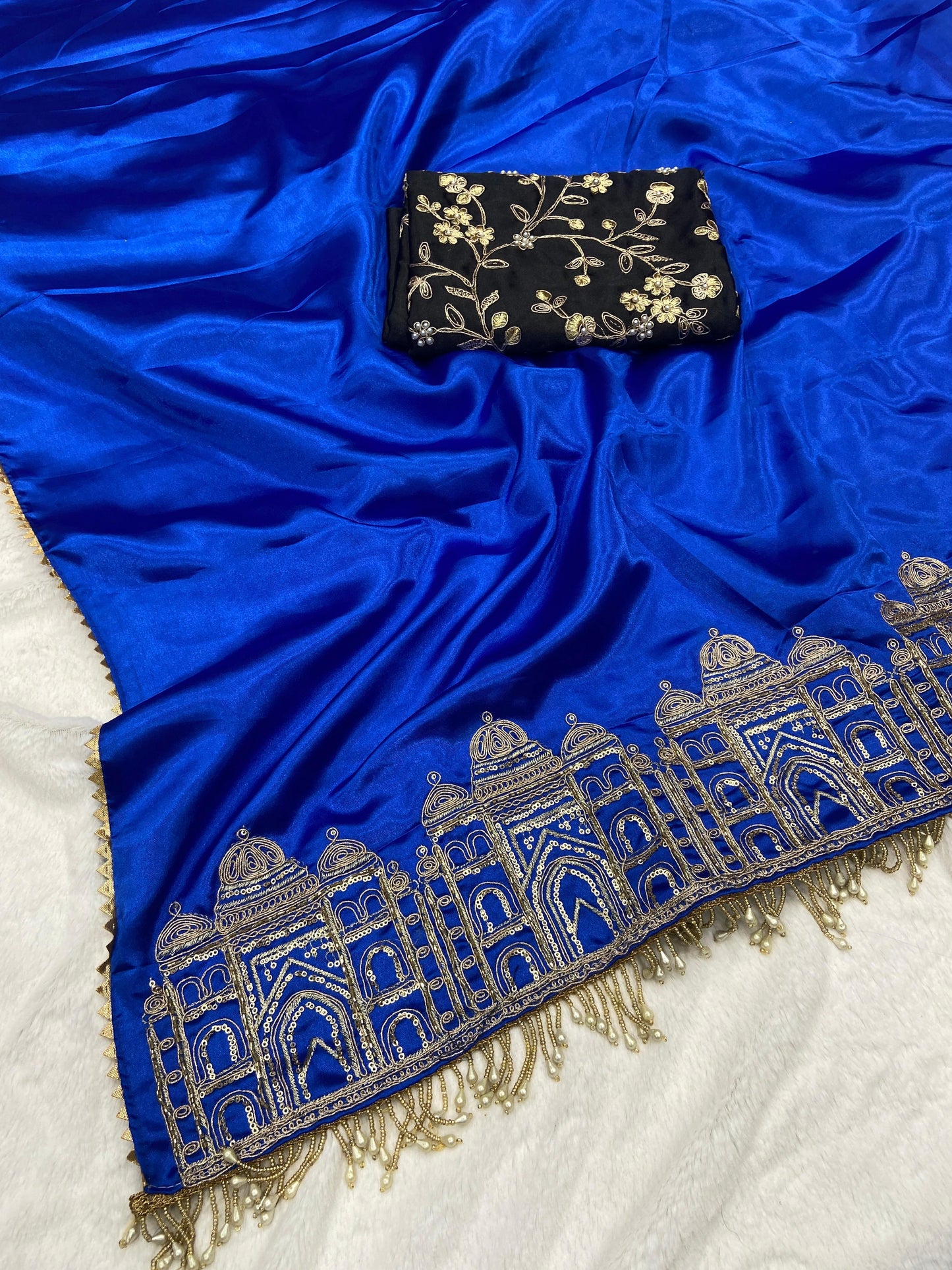 Wine Color Smooth Satin Silk Handwork Designer Saree