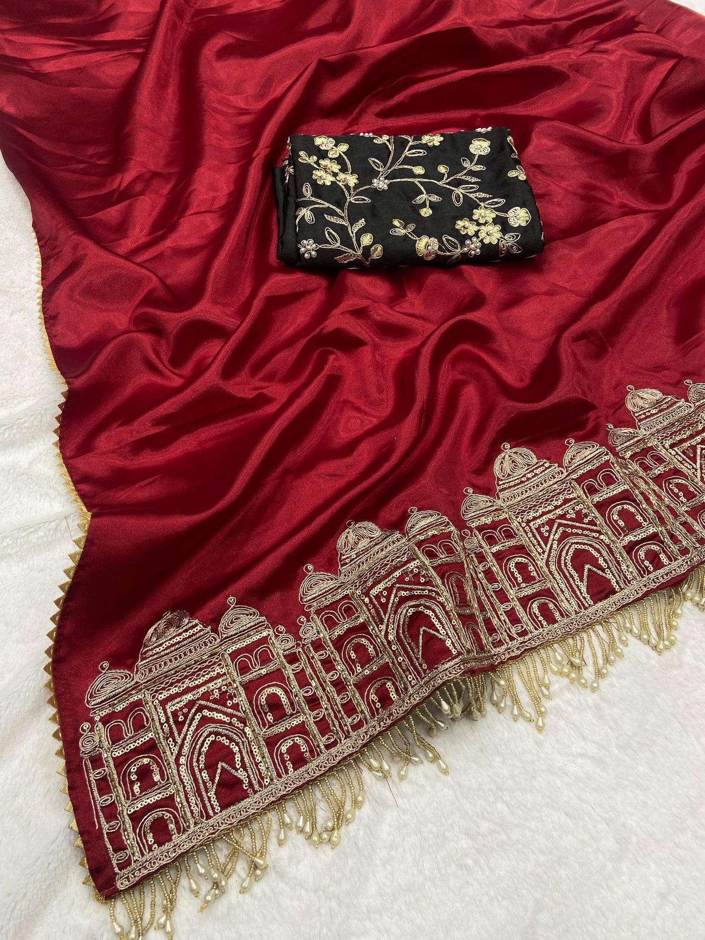 Party Wear Smooth Satin Silk Handwork Designer Saree
