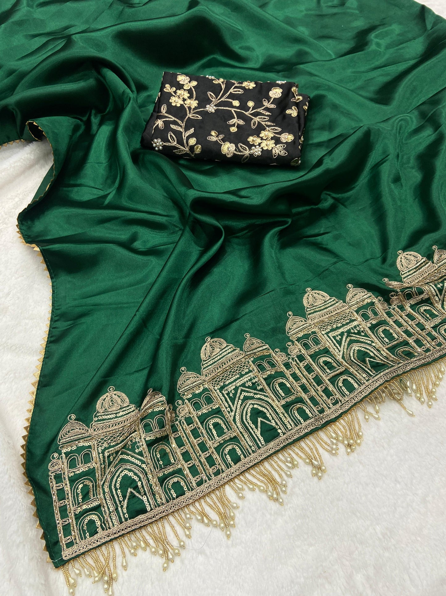 Wedding Wear Smooth Satin Silk Handwork Designer Saree