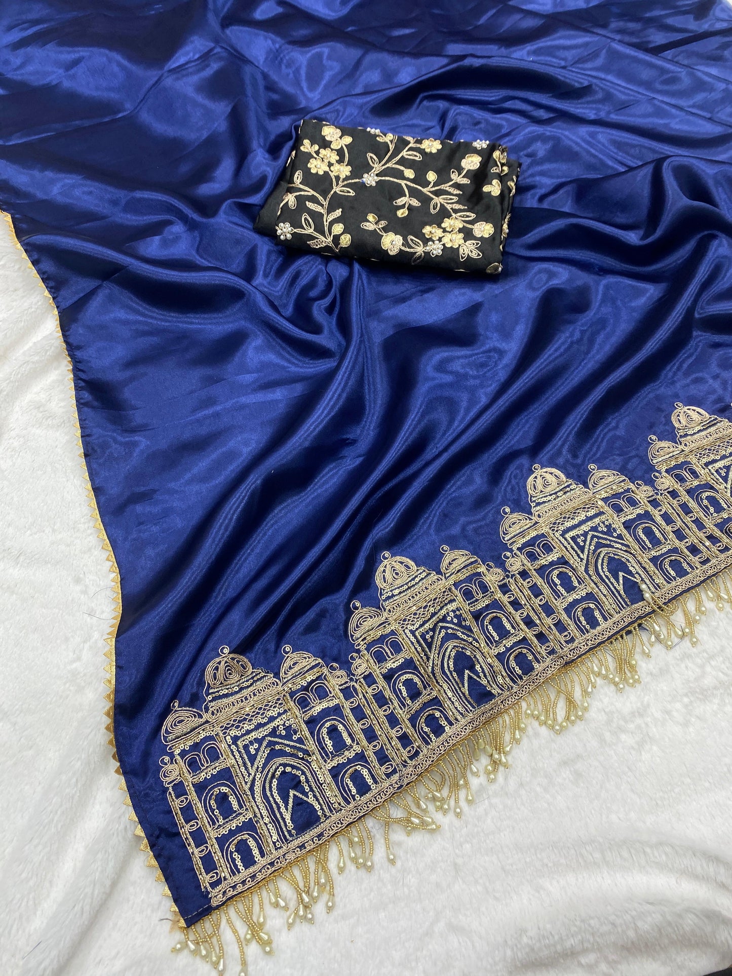 Wine Color Smooth Satin Silk Handwork Designer Saree