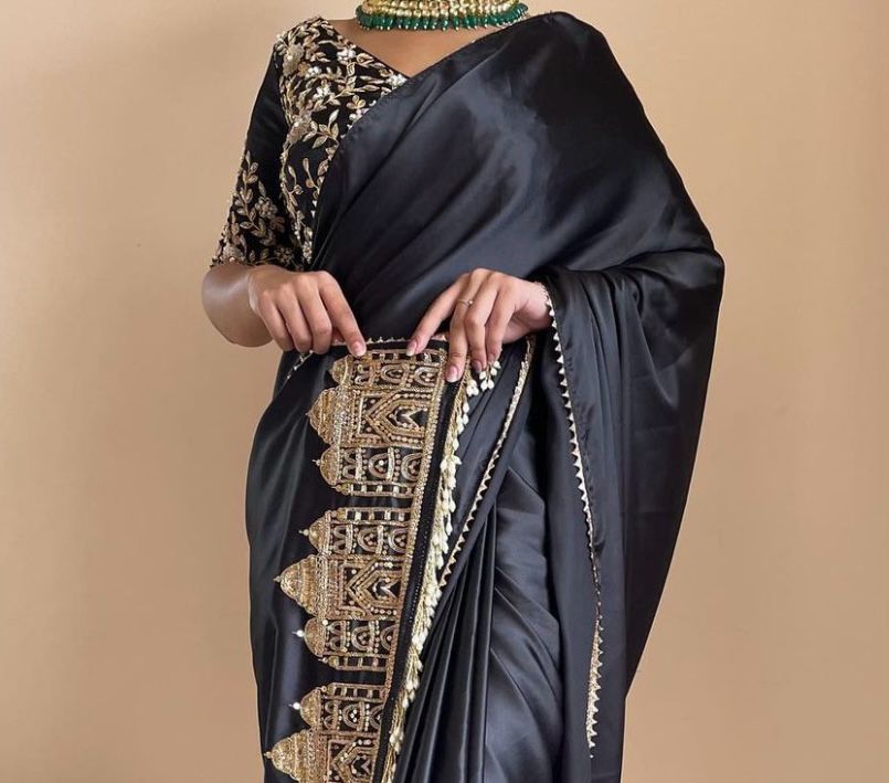Wedding Wear Smooth Satin Silk Handwork Designer Saree