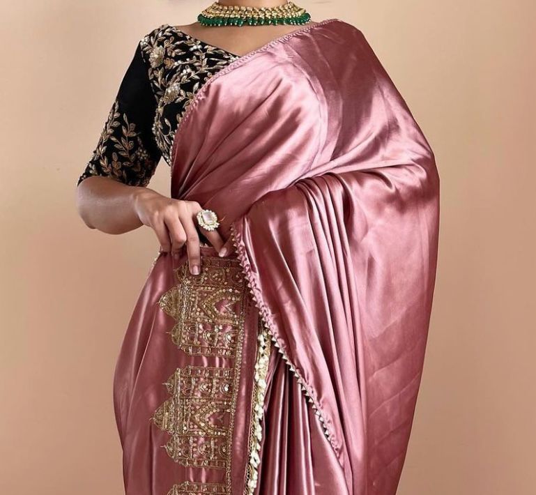Party Wear Smooth Satin Silk Handwork Designer Saree
