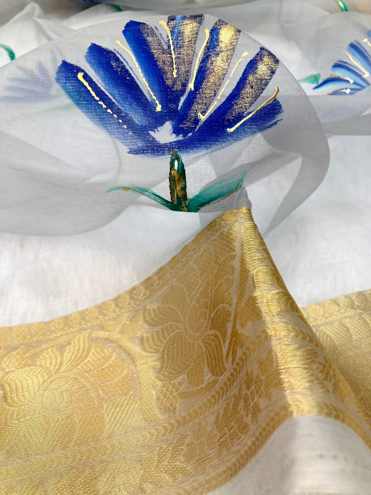 Grey Color Pure Organza Hand Painted Printed Saree