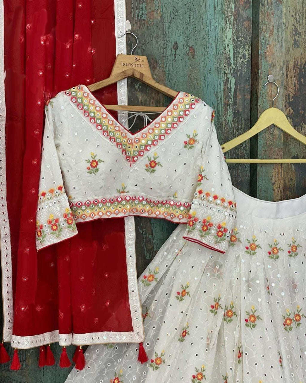 Stunning White Color Georgette Mirror Work Wedding Wear Lehenga Choli For Women