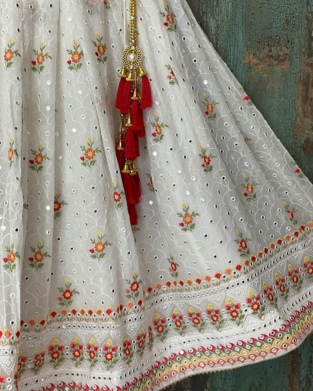 Stunning White Color Georgette Mirror Work Wedding Wear Lehenga Choli For Women