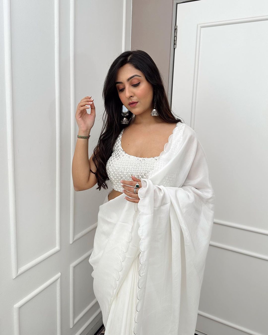White Tuby Silk Plain Saree with Work Blouse