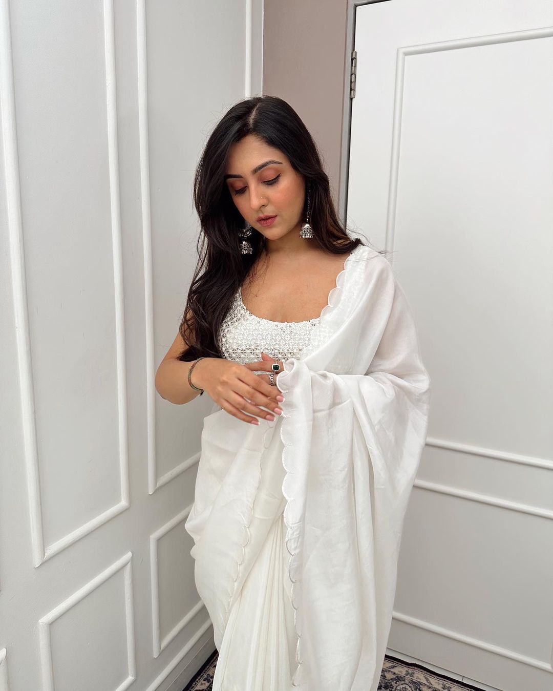 White Tuby Silk Plain Saree with Work Blouse