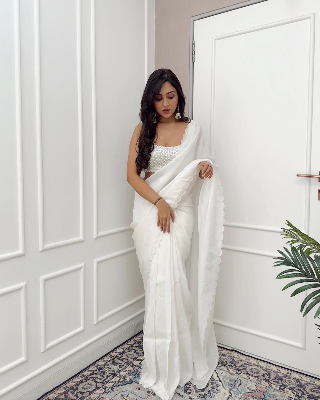 White Tuby Silk Plain Saree with Work Blouse