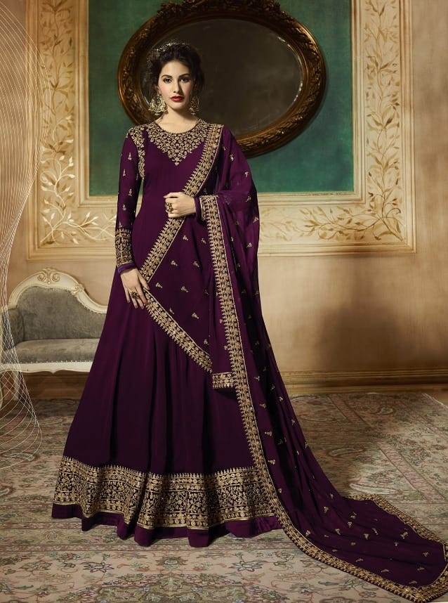 Opulent Wine Color Function Wear Coding Stone Work Georgette Salwar Suit